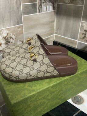 Gucci Beige and Brown Monogram Mules